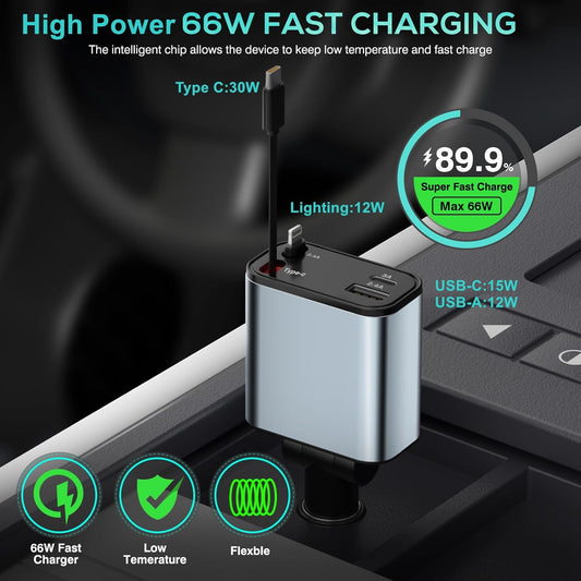4 in 1 Retractable Car Charger Fast Charging