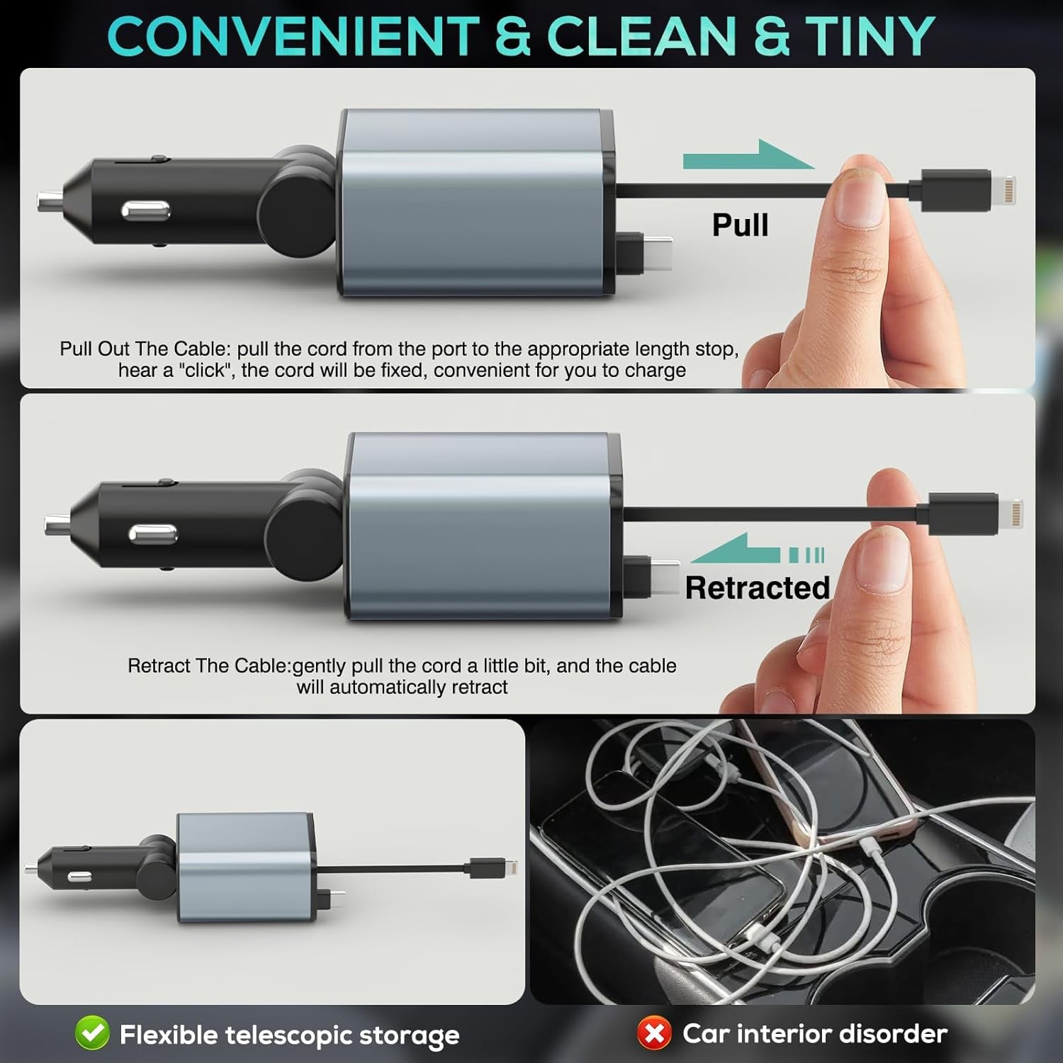 4 in 1 Retractable Car Charger Fast Charging