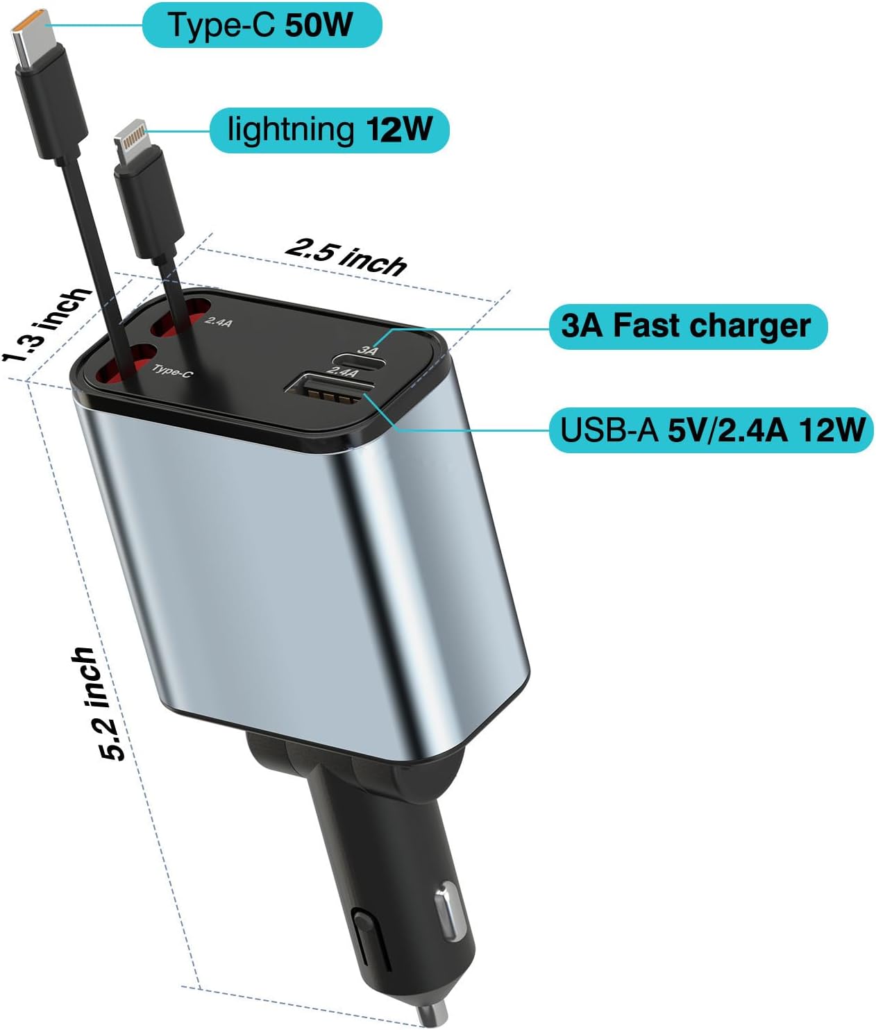 4 in 1 Retractable Car Charger Fast Charging